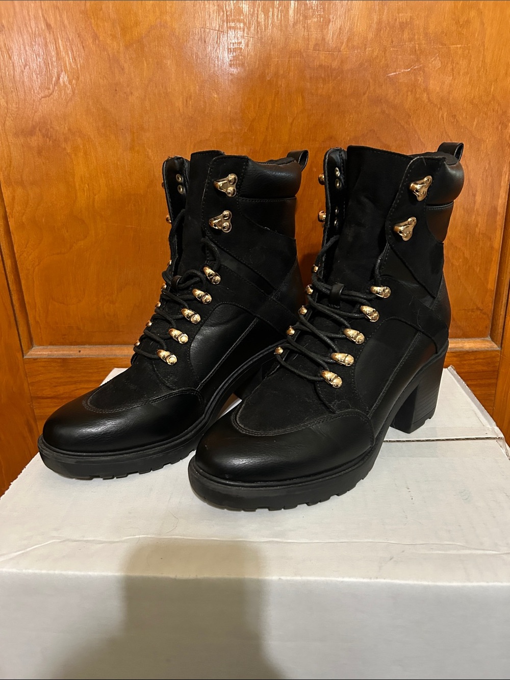 JustFab Black Lace-Up Heeled Combat Boots with Gold Hardware